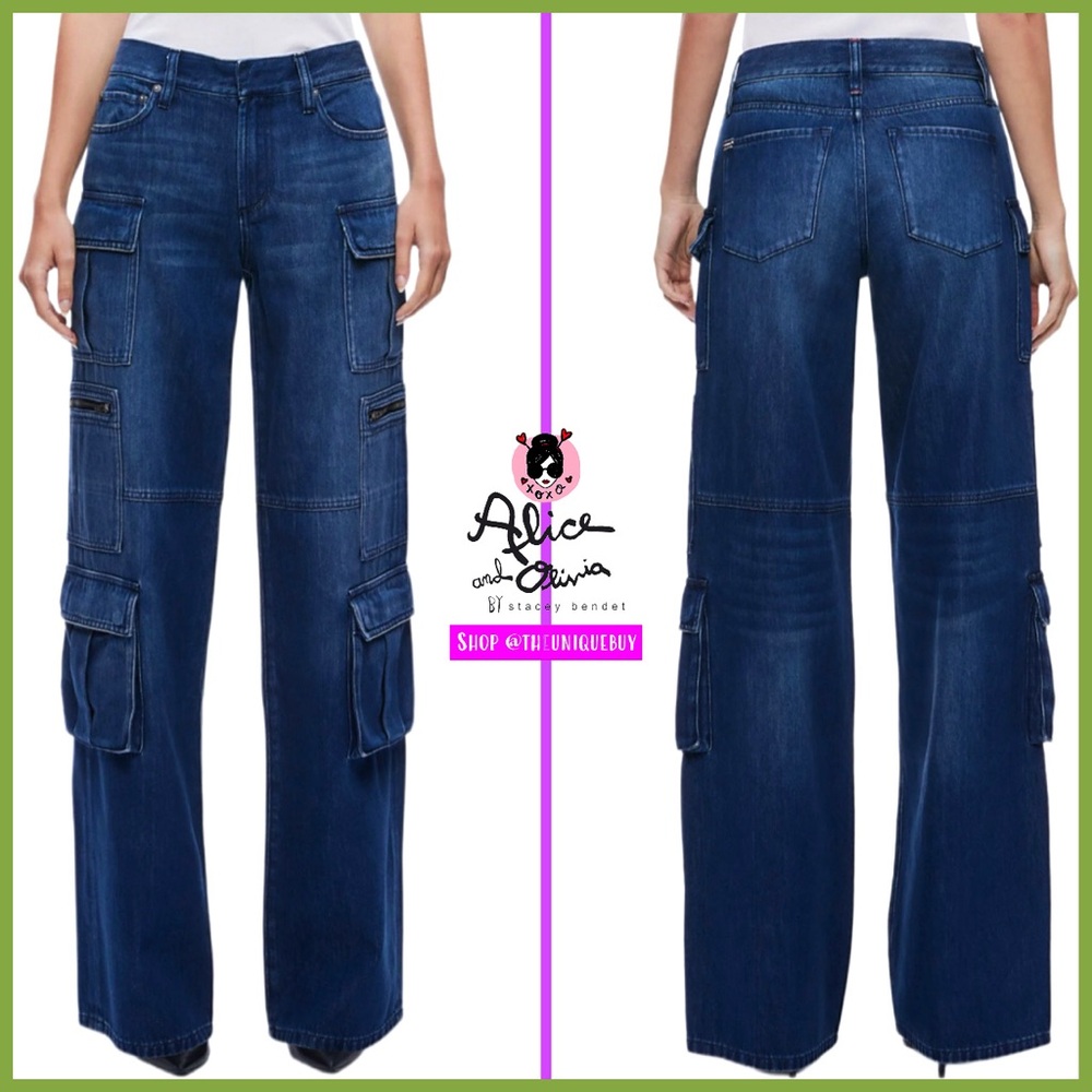 Alice + Olivia Cay Cargo Baggy Blue Jeans